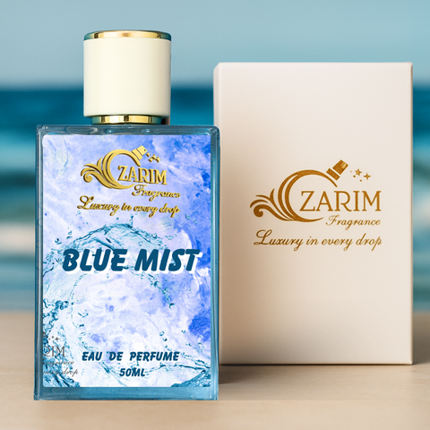 Zarim Fragrances Blue Mist Eau de Parfum bottle and packaging with a blue gradient background.