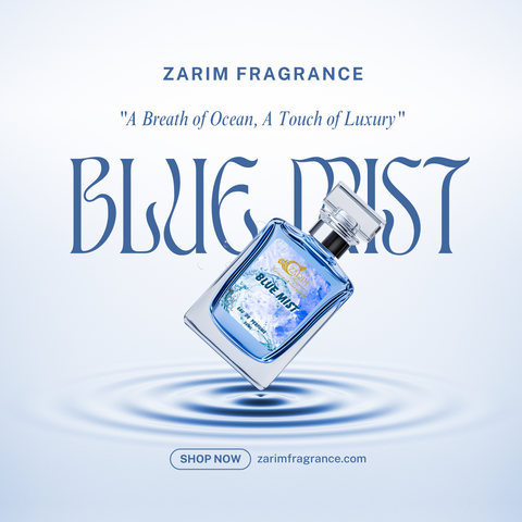 Zarim Fragrance Blue Mist perfume bottle with ocean wave design on a light blue background.