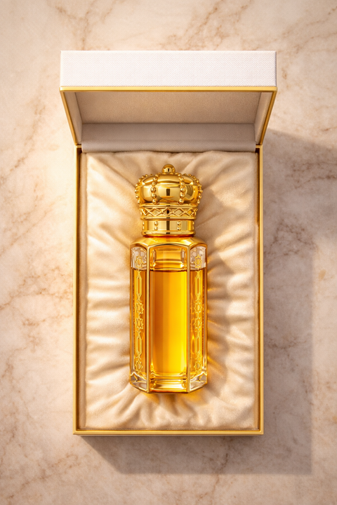Gold perfume bottle in a decorative box on a marble surface