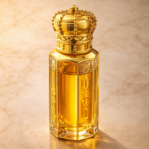 Gold perfume bottle with intricate design on a beige marble background