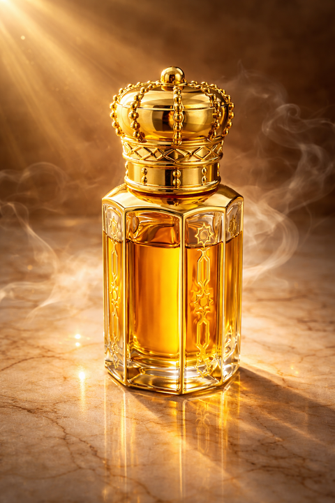 Luxurious perfume bottle with gold cap on a reflective surface with smoke effect