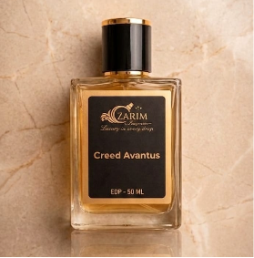 Perfume bottle labeled 'Creed Avantus' on a beige marble background