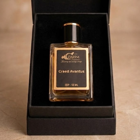 Perfume bottle with 'Zarim' branding in a black box on a beige background
