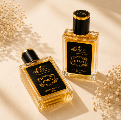 Two perfume bottles labeled 'Marj' on a beige background with dried flowers.