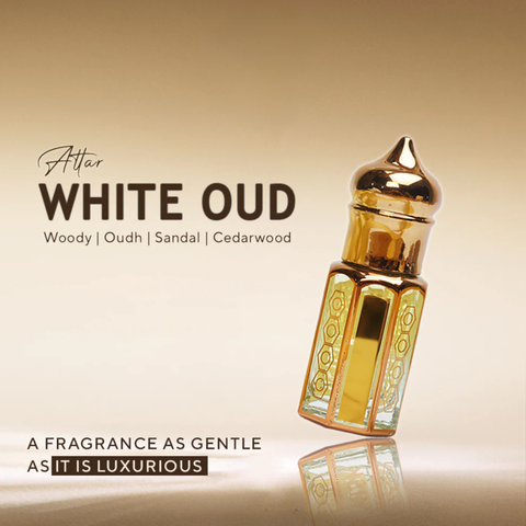 Gold and glass bottle of White Oud perfume with text on a beige background