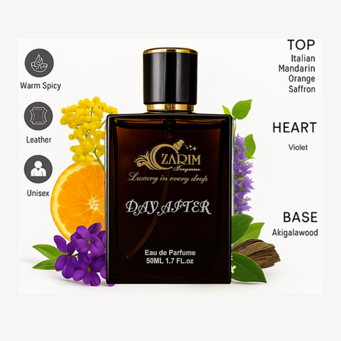 Perfume bottle with floral elements and flavor description on a white background