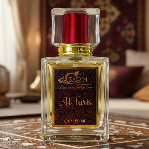 Perfume bottle labeled 'Al Faris' by 'Izarim' on a decorative surface with a blurred background.