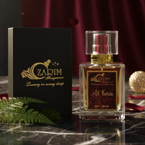 Perfume bottle and packaging with 'Ozadim' branding on a dark surface.