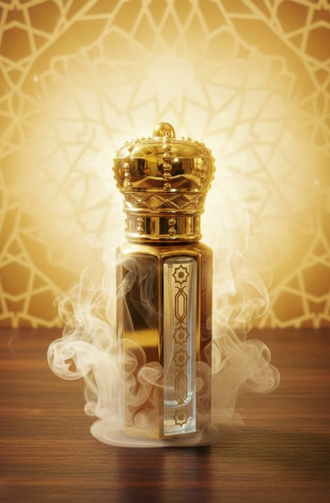 Decorative perfume bottle with gold accents on a wooden surface with a decorative background