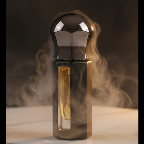 Smoky glass bottle with gold cap on a marble surface with smoke effect