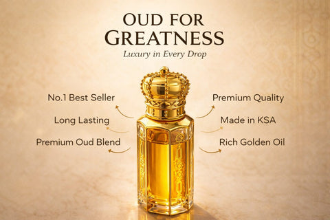 Perfume bottle with text highlighting features on a beige background