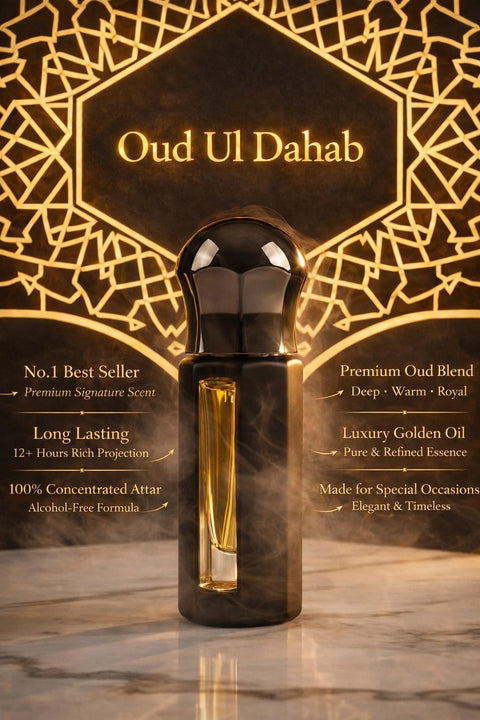 Oud Ul Dahab perfume bottle with decorative background