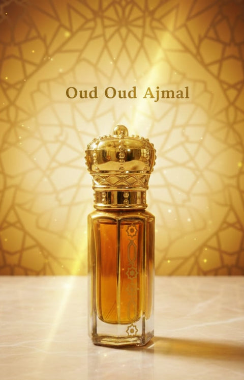 Gold and amber Oud Ajmal perfume bottle on a decorative background