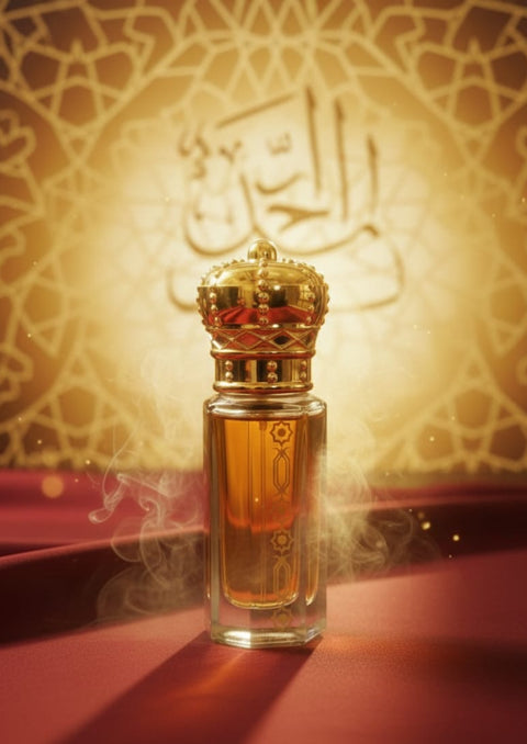 Perfume bottle with gold cap on a red surface with Arabic calligraphy in the background