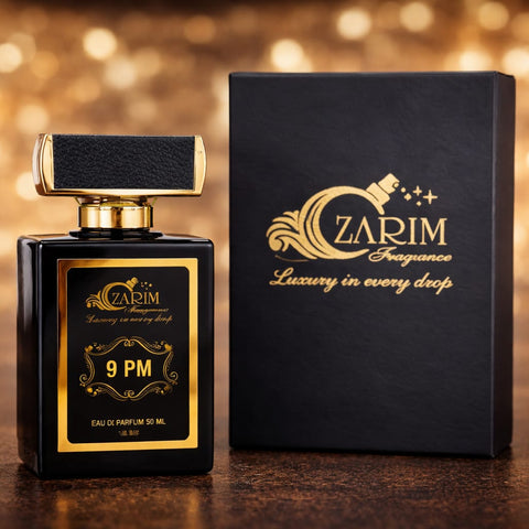 Zarim perfume bottle and packaging with a gold and black design on a blurred background.