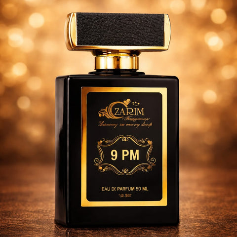 Zarim 9 PM perfume bottle on a wooden surface with a blurred golden background