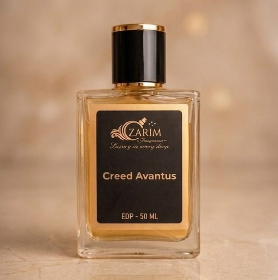 Perfume bottle labeled 'Creed Avantus' by Zarim on a reflective surface with a blurred background