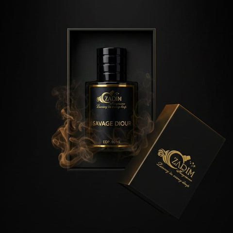 Perfume bottle labeled 'Savage Diour' by Zadim with smoke effect on a dark background