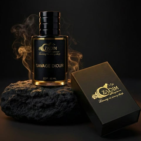 Perfume bottle labeled 'Savage Diour' by Zadim with smoke effect on a dark background