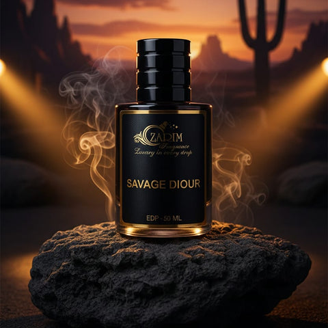 Perfume bottle labeled 'Savage Diour' by Zadim on a rock with a desert sunset background