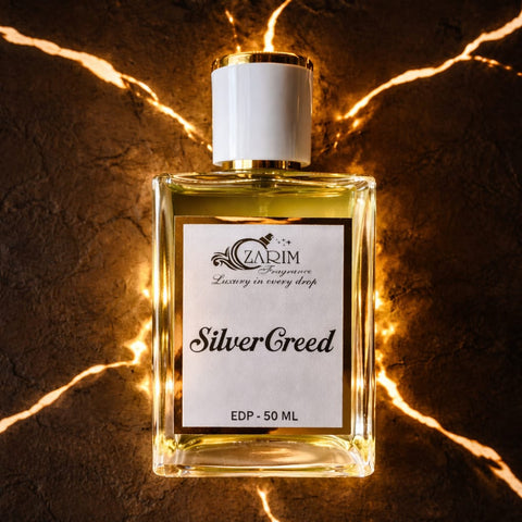 Perfume bottle labeled 'Silver Greed' by Ozarim on a dark background with light effects